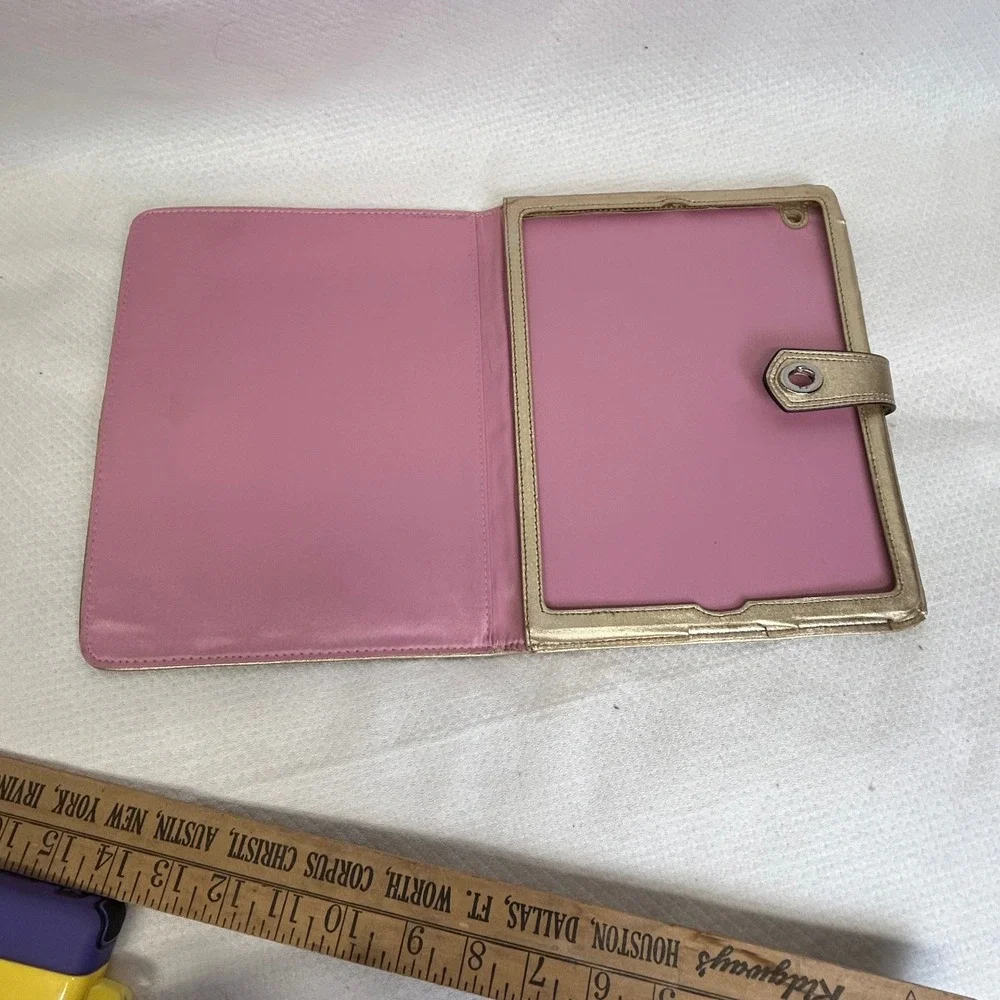 Coach Signature Monogram iPad Case Brown Gold Metallic Leather Turnlock Folio